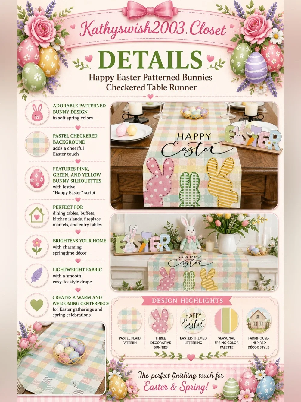 Happy Easter Patterned Bunnies Checkered Table Runner